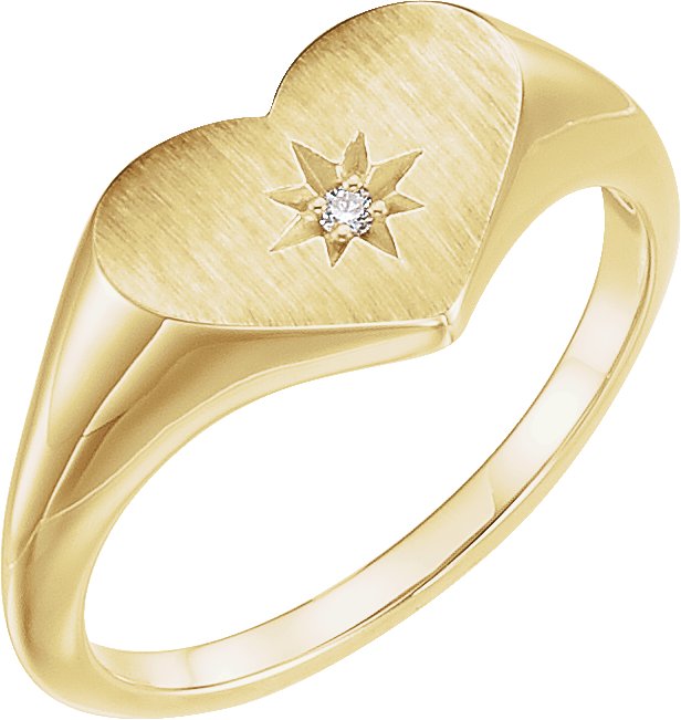 14K Gold Round Natural Diamond Heart Starburst Signet Ring