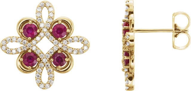 14K Gold Round Natural Ruby Clover Earrings - Yellow Gold