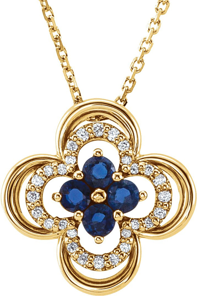 14K Gold Round Natural Blue Sapphire Clover Necklace or Pendant – 1/10 CTW - Yellow Gold