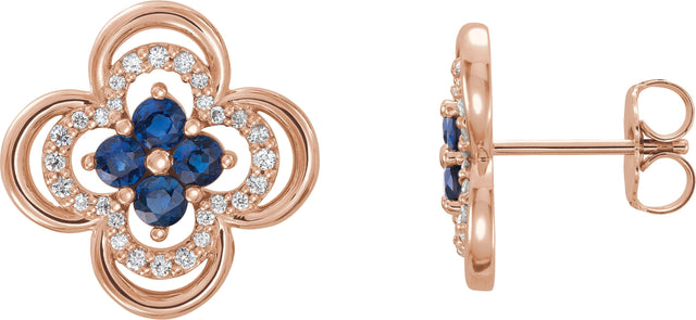 14K Gold Round Natural Blue Sapphire Clover Earrings – 2.5mm Stones - Rose Gold