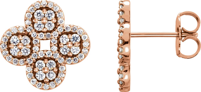 14K Gold Round Natural Diamond Clover Earrings - Rose Gold