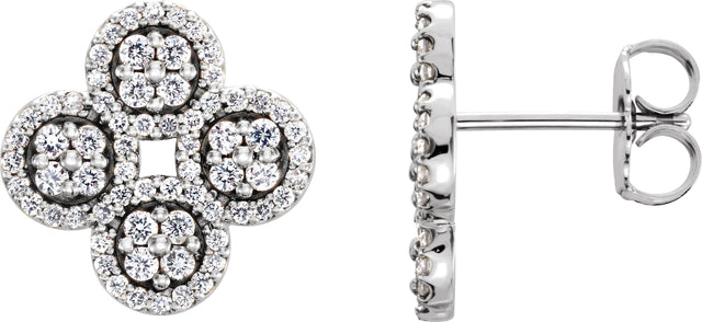 14K Gold Round Natural Diamond Clover Earrings - White Gold
