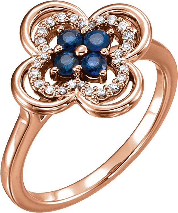 14K Gold Round Natural Blue Sapphire Clover Ring - Rose Gold