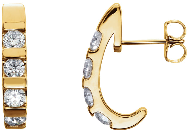 14K Gold Round Natural Diamond Channel-Set J-Hoop Earrings – 3.2-3.5mm Stones - Yellow Gold