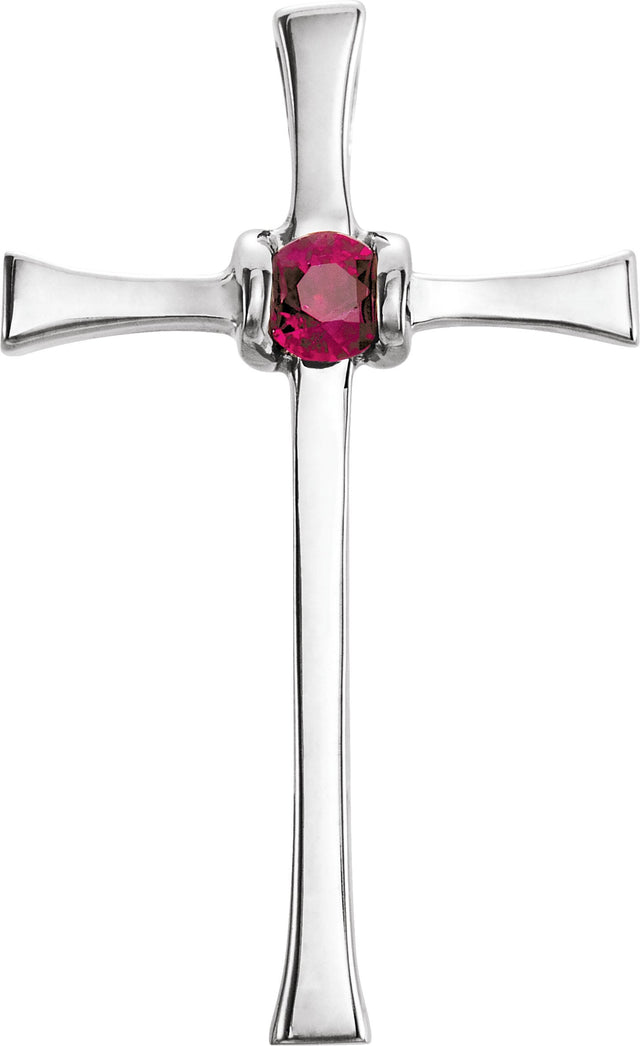 14K Gold Round Natural Ruby Solitaire Cross Pendant III - White Gold
