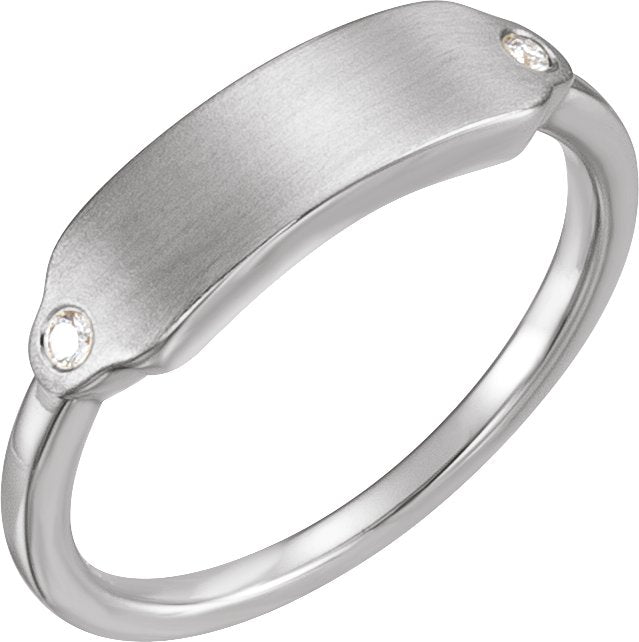 14K Gold Round Natural Diamond Rectangle Signet Ring - White Gold