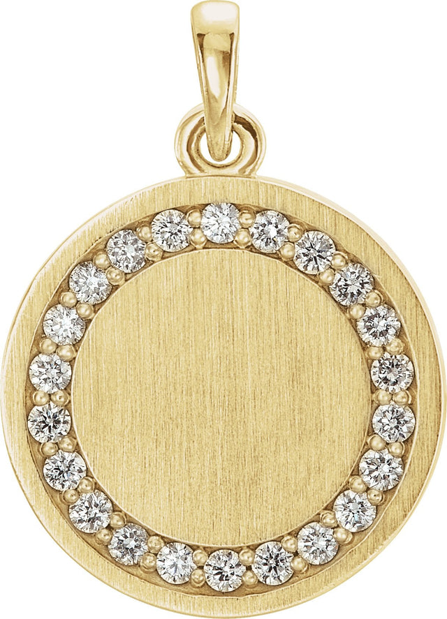 14K Gold Round Natural Diamond Engravable Halo-Style Necklace or Pendant - Yellow Gold
