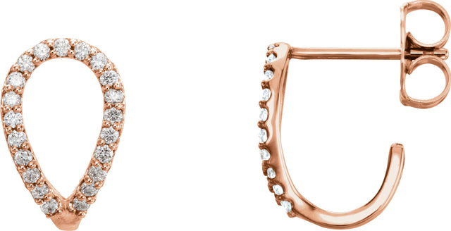 14K Gold Round Natural Diamond Geometric J-Hoop Earrings - Rose Gold
