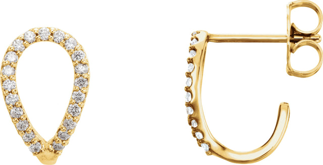 14K Gold Round Natural Diamond Geometric J-Hoop Earrings - Yellow Gold