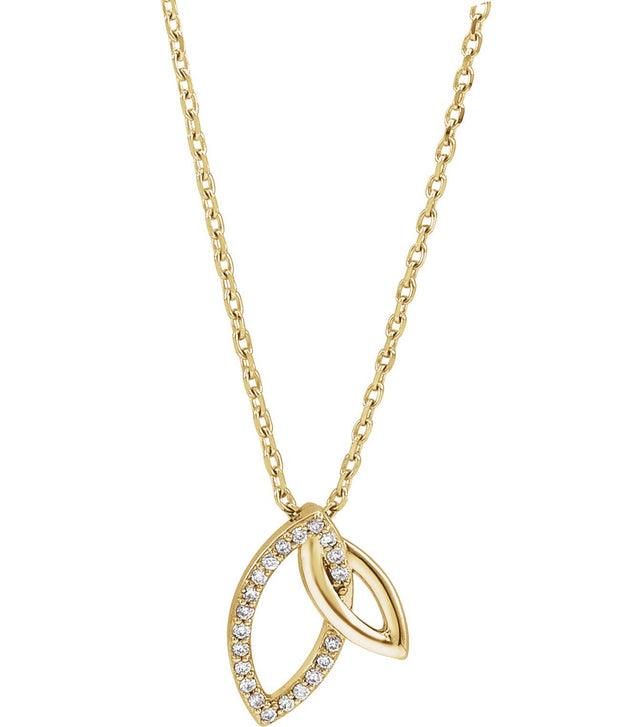 14K Gold Round Natural Diamond Double Leaf Necklace or Pendant - Yellow Gold