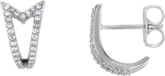 14K Gold Round Natural Diamond Geometric J-Hoop Earrings – 0.8mm Stones - White Gold