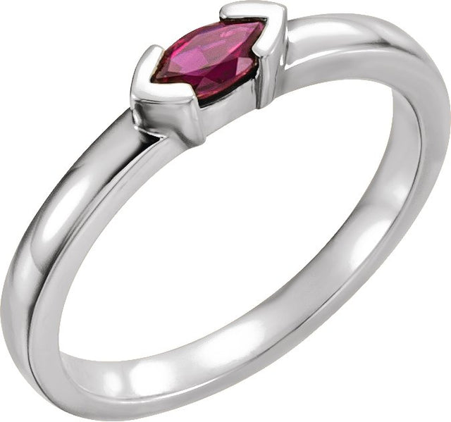 14K Gold Emerald Natural Pink Tourmaline Half-Bezel Family Stackable Ring - White Gold