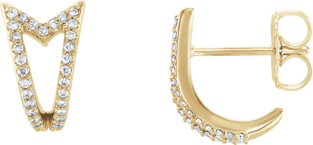 14K Gold Round Natural Diamond Geometric J-Hoop Earrings – 0.8mm Stones - Yellow Gold