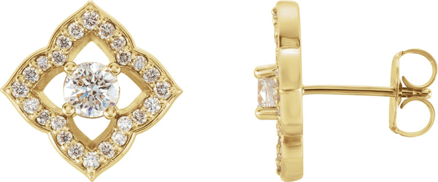 14K Gold Round Natural Diamond Halo-Style Clover Earrings - Yellow Gold