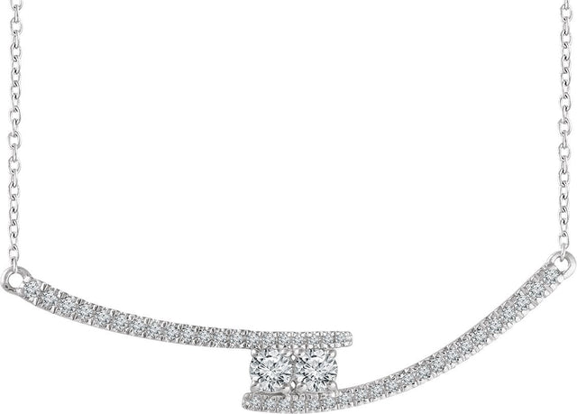 14K Gold Round Natural Diamond Two-Stone Bar Necklace - White Gold