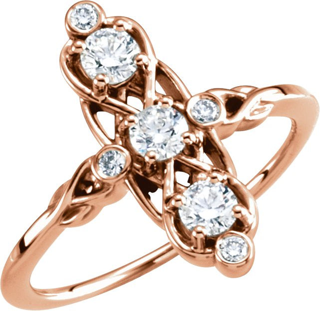 14K Gold Round Natural Diamond Three-Stone Ring – 3.4mm Stones - Rose Gold