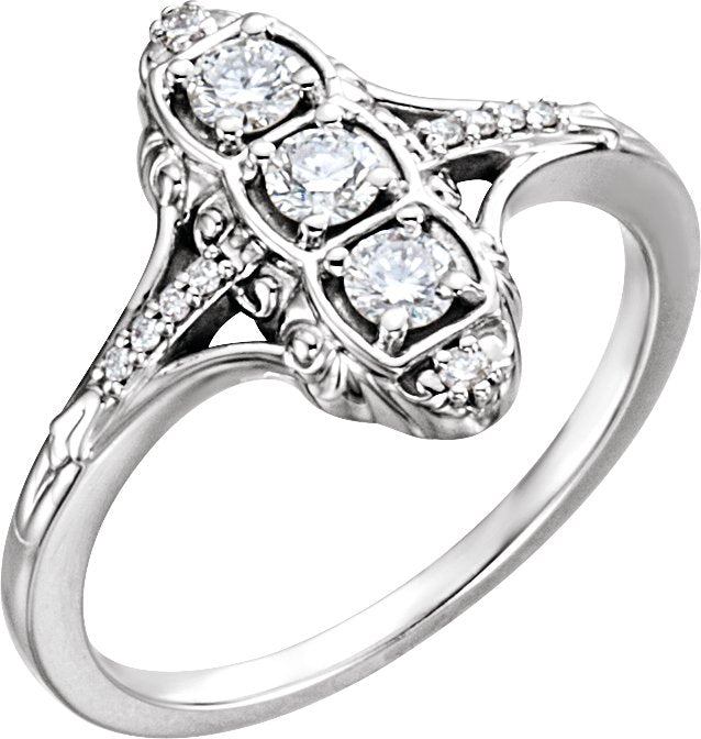 14K Gold Round Natural Diamond Vintage-Inspired Three-Stone Ring - White Gold