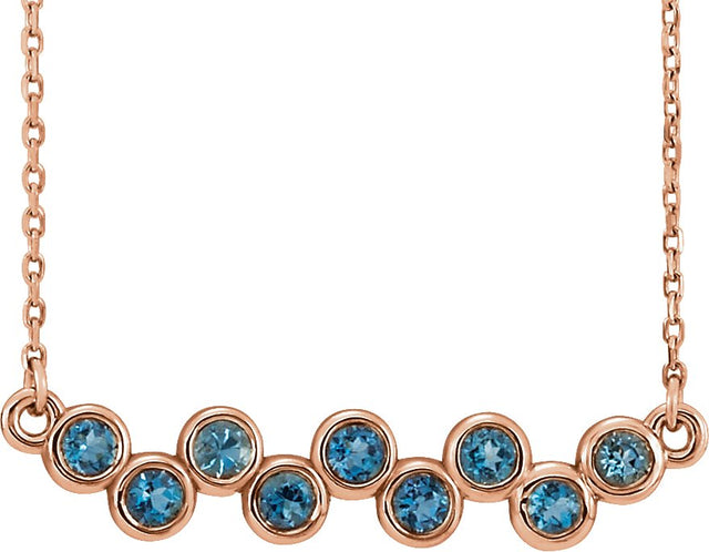 14K Gold Round Natural Aquamarine Bezel-Set Bar Necklace - Rose Gold