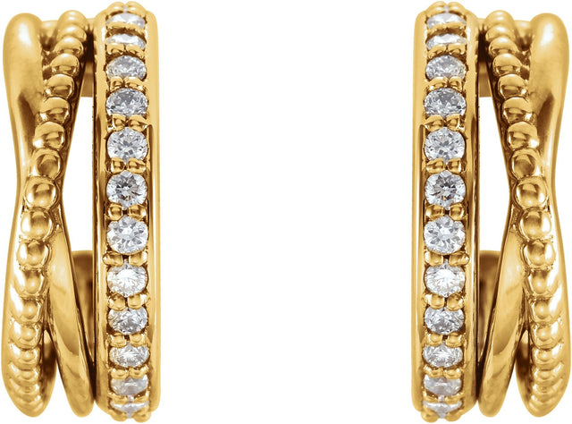 14K Gold Round Natural Diamond Beaded Hoop Earrings - Yellow Gold