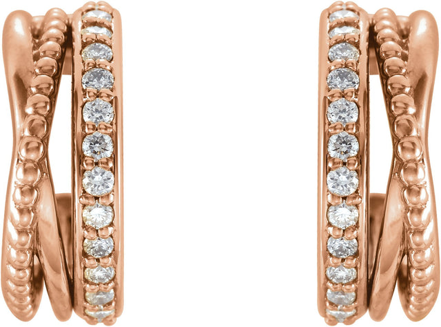 14K Gold Round Natural Diamond Beaded Hoop Earrings - Rose Gold