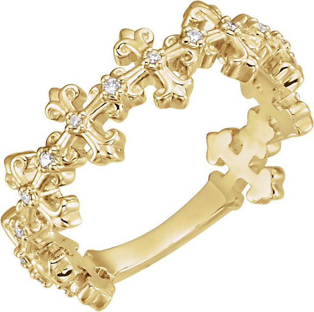 14K Gold Round Natural Diamond Cross Ring - Yellow Gold