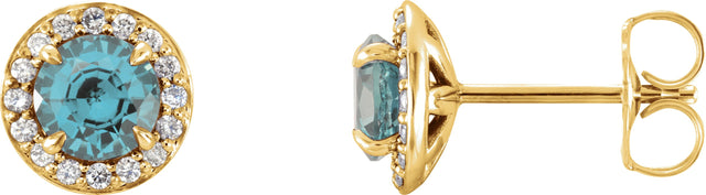 14K Gold Natural Aquamarine Round 4-Prong Halo-Style Earrings – 3.5-5mm Stones - Yellow Gold