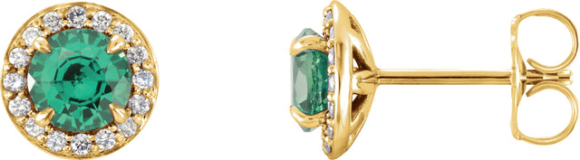 14K Gold Lab-Grown Emerald Round 4-Prong Halo-Style Earrings – 3.5-5mm Stones - Yellow Gold