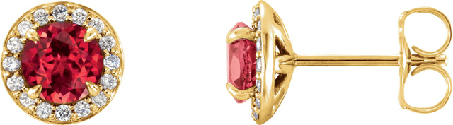 14K Gold Natural Ruby Round 4-Prong Halo-Style Earrings – 3.5-5mm Stones - Yellow Gold