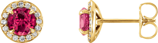 14K Gold Natural Ruby Round 4-Prong Halo-Style Earrings – 3.5-5mm Stones - Yellow Gold