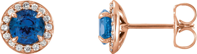 14K Gold Lab-Grown Blue Sapphire Round 4-Prong Halo-Style Earrings – 3.5-5mm Stones - Rose Gold