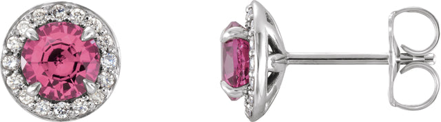 14K Gold Natural Pink Tourmaline Round 4-Prong Halo-Style Earrings – 3.5-5mm Stones - White Gold