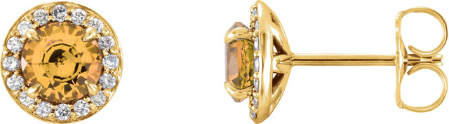 14K Gold Natural Citrine Round 4-Prong Halo-Style Earrings – 3.5-5mm Stones - Yellow Gold