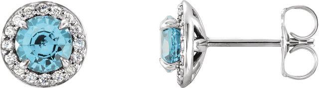 14K Gold Natural Blue Zircon Round 4-Prong Halo-Style Earrings – 3.5-5mm Stones - White Gold