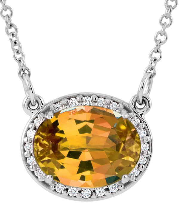 14K Gold Oval Natural Citrine Halo-Style Necklace - White Gold