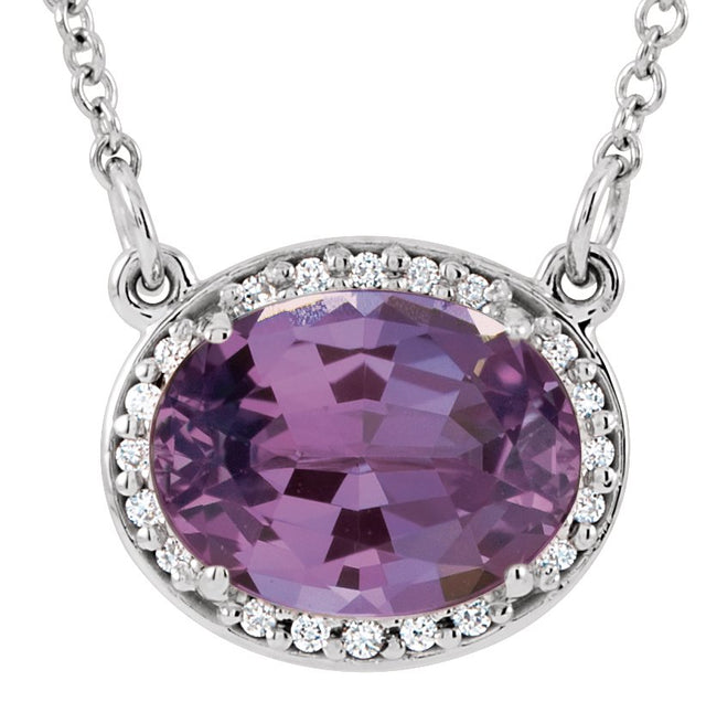 14K Gold Oval Natural Amethyst Halo-Style Necklace - White Gold