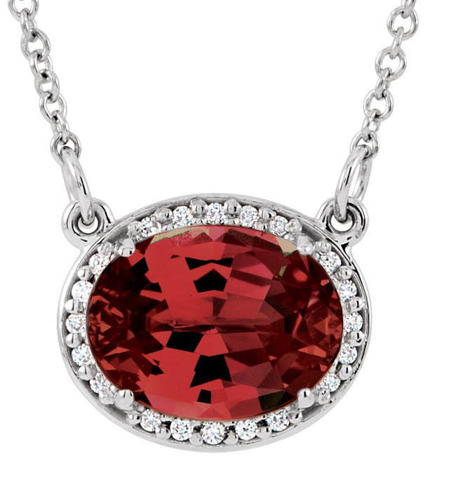 14K Gold Oval Natural Mozambique Garnet Halo-Style Necklace - White Gold