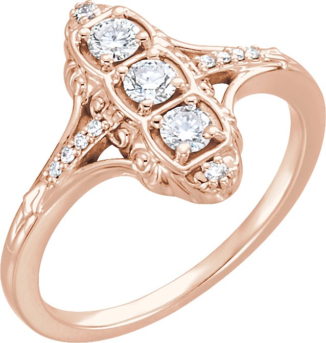 14K Gold Round Natural Diamond Vintage-Inspired Three-Stone Ring - Rose Gold