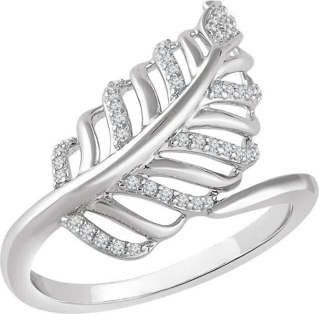 14K Gold Round Natural Diamond Leaf Ring III - White Gold