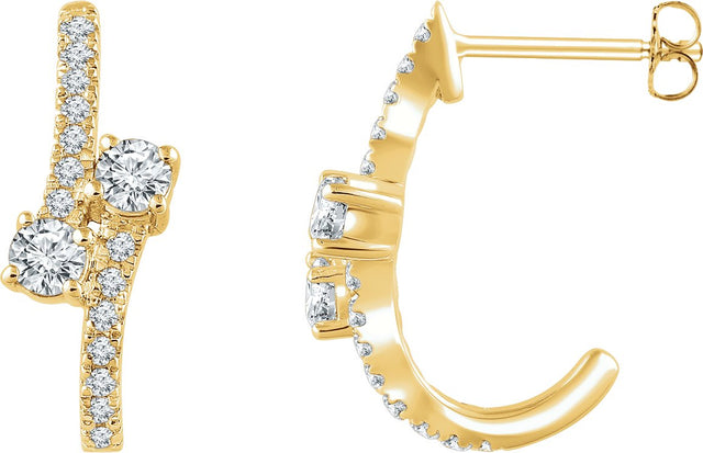 14K Gold Round Natural Diamond Two-Stone J-Hoop Earrings - Yellow Gold