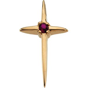 14K Gold Round Natural Ruby Solitaire Cross Pendant - Yellow Gold