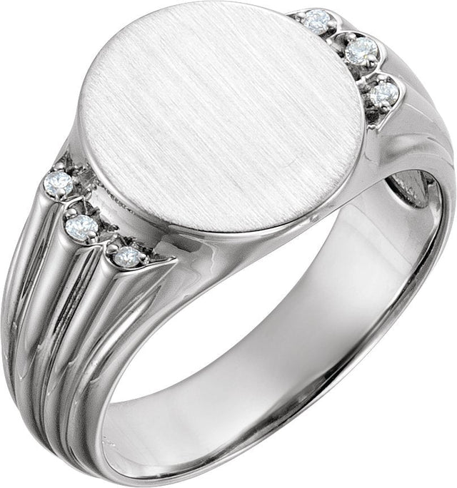 14K Gold Round Natural Diamond Oval Signet Ring III - White Gold
