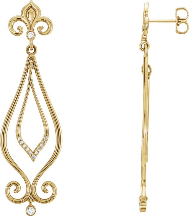 14K Gold Round Natural Diamond Fleur-de-lis Earrings II