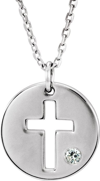 14K Gold Round Natural Diamond Pierced Cross Disc Necklace or Pendant - White Gold