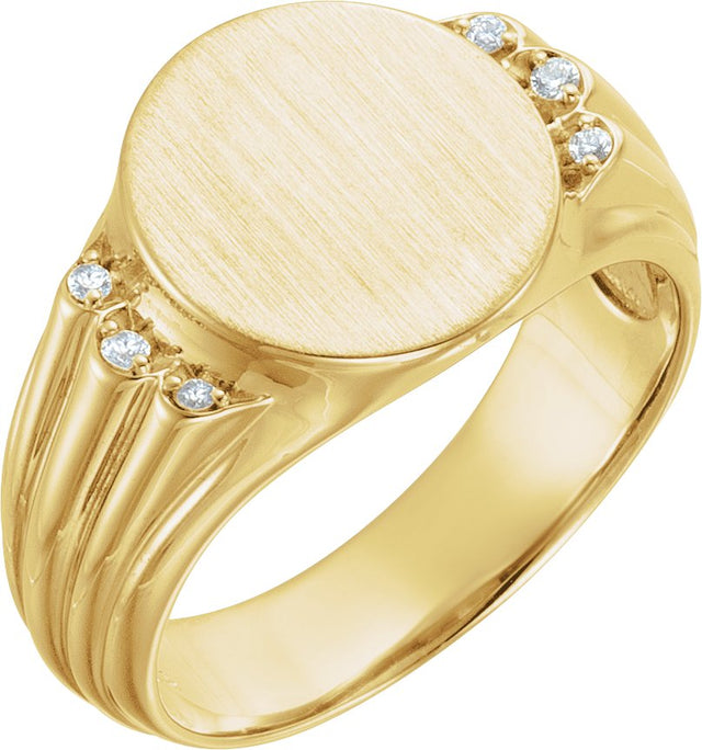 14K Gold Round Natural Diamond Oval Signet Ring III - Yellow Gold