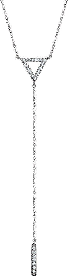 14K Gold Round Natural Diamond Triangle & Bar Y Necklace - White Gold