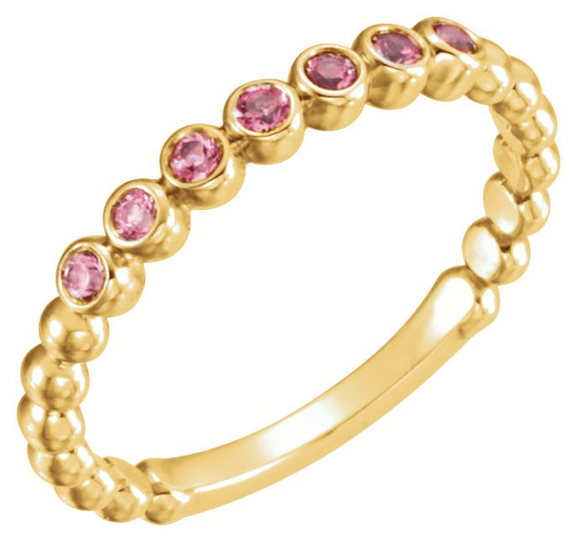14K Gold Round Natural Pink Tourmaline Stackable Bead Ring - Yellow Gold