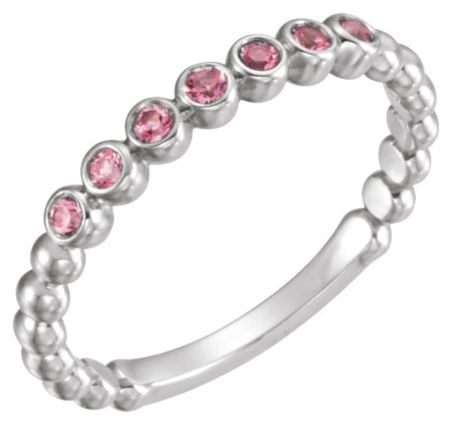 14K Gold Round Natural Pink Tourmaline Stackable Bead Ring - White Gold