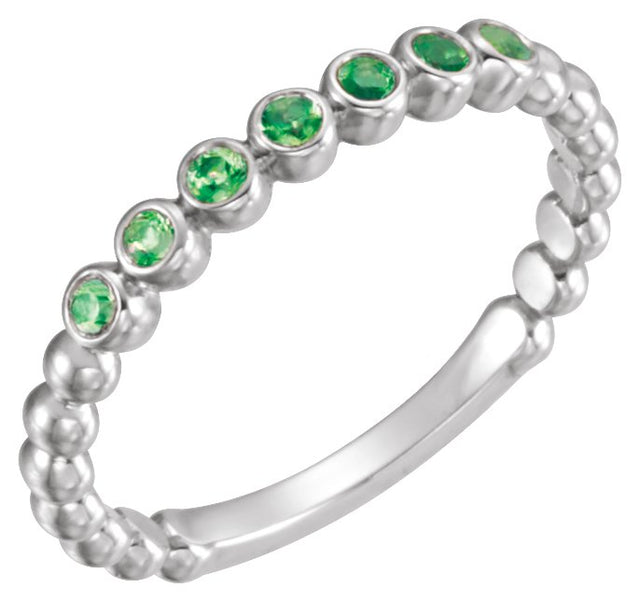 14K Gold Round Natural Emerald Stackable Bead Ring - White Gold
