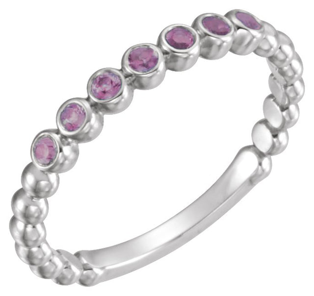 Platinum Round Natural Amethyst Stackable Bead Ring
