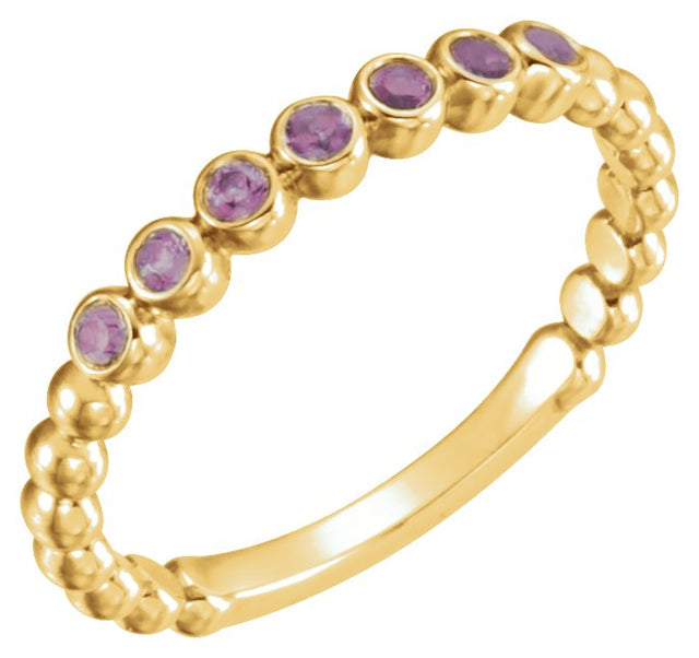 14K Gold Round Natural Amethyst Stackable Bead Ring - Yellow Gold